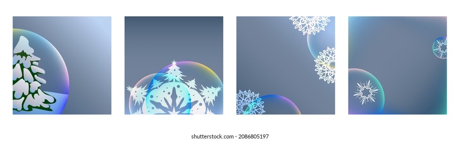 Winter set modern backgrounds for social media. Design elements snowflakes, colorful bubbles, snowy tree. Stock vector illustration.