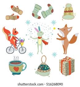 Winter set.  New Year greeting cards, decorations, cute. 
