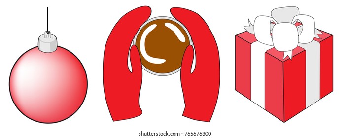 A winter set of objects, a Christmas ball, gloves with a mug and a box of gifts. Isolated image on white background.