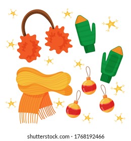 Winterset mit orangefarbenen, warmen Kopfhörern, gelbem Schal, grünen Fingern, gelben Sternen und Weihnachtsdekor. Weihnachtsgeschmack, Kleidung. Vektorgrafik-Flachgrafik einzeln auf weißem Hintergrund.