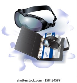 Winter set with organizer, flight tickets and diving mask, isolated on snow background