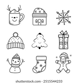 Winter set of outline illustrations of a reindeer mug, house, snowflake, hat, Christmas tree, present, snowman, stocking and gingerbread man. Cute vector objects for coloring book ready for print.