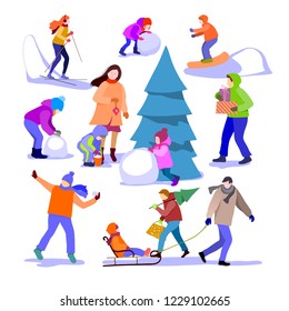 Winter set. People having winter activities in park, skiing,   snowboarding, children making a cute snowman, cartoon characters in flat design isolated on white.