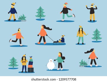 Winter set with people: skating man, women with sled, women with child, women with gift, men in sweater, women with snowman. Christmas holiday art.