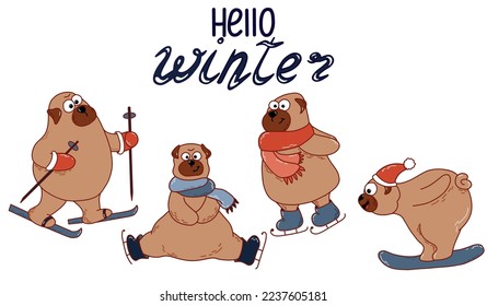 Winter set. Pugs with sports equipment in warm clothes. Vector illustration