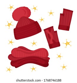 Winter set with red hat, mittens, scarf and yellow stars. Christmas cute decor, clothes. Vector cartoon flat illustration isolated on white background.
