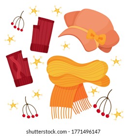 Winter set with red mittens, beige hat, yellow scarf, christmas decor and yellow stars. Christmas cute decor, clothes. Vector cartoon flat illustration isolated on white background.