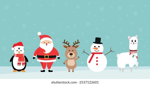 Conjunto de invierno de Santa, ciervo, pingüino, muñeco de nieve y Lama. Personajes de Navidades de colección. Gráficos de Vector