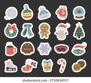 Winter set in scandinavian style featuring cozy clothing, festive decorations, delicious cookie, cheerful snowmen, christmas trees, and traditional holiday gifts for warm celebration