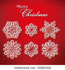 Winter set of six snowflakes on a red background