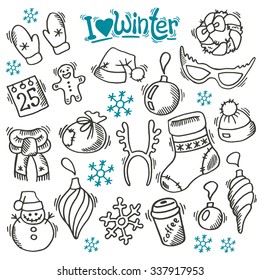 Winter set with sketch holidays symbols.