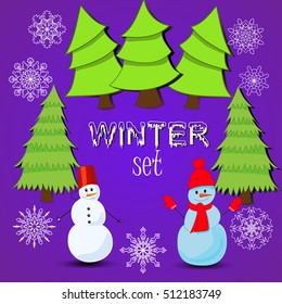 Winter set with snowman and christmas tree. Vector illustration