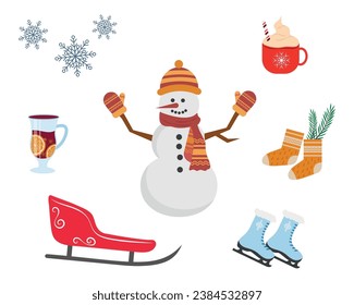 Winter set with a snowman, sleigh, mulled wine, cacao, socks, fir branch. Cozy winter concept. Vector illustration.