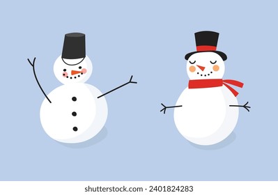 Winter set of snowmen illustrations in doodle style. Cartoon funny character for print