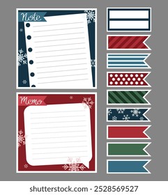 Winter set of square note, memo and stickers. Vector template for sticker, to do list, planners, checklists, notebooks, cards and other.