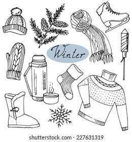 Winter set. Winter theme items. Hand drawn design elements. 