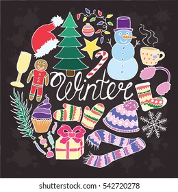 Winter set vector doodle sketch. Lettering Happy New Year and Merry Christmas. Object isolated illustration on black background. Cold, snowman, holiday, snow, candy, gift, scarf, snowflake, star.Eps10