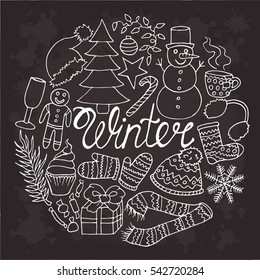 Winter set vector doodle sketch. Lettering Happy New Year and Merry Christmas. Object isolated illustration on black background. Cold, snowman, holiday, snow, candy, gift, scarf, snowflake, star.Eps10