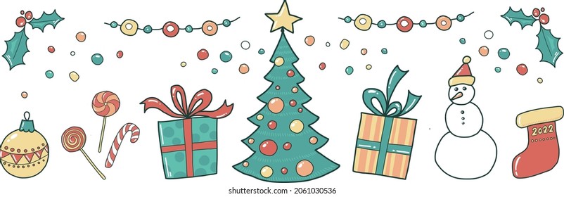 Winter set of vector elements for Christmas and New Year party. Vector illustration. Christmas tree, gifts, Christmas ball, snowman, candies, candy cane, holy, colorful confetti