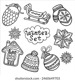 Winter set vector illustration black and white for coloring