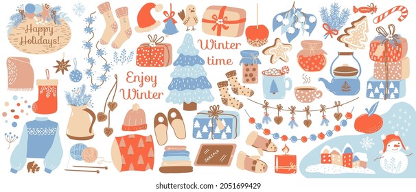 Juego de invierno. Vectores de elementos de ropa hechos a mano, utensilios de cocina, cajas de regalo, guirnaldas, pan de jengibre, dulces, juguetes de navidad. Objetos a la moda en invierno