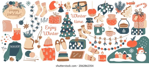 Juego de invierno. Vectores de elementos de ropa hechos a mano, utensilios de cocina, cajas de regalo, guirnaldas, pan de jengibre, dulces, juguetes de navidad. Objetos a la moda en invierno