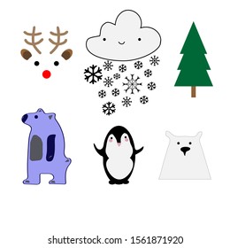 Winter set vector simple illustration flat animals deer, snow, cloud with snowlakes, christmas tree, blue bear, white bear, penguin isolated on white background.
Stickers, gift paper, holiday concept.
