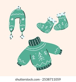 Winter set of warm fashionable clothing socks, sweater, hat with Christmas trees. Vector cozy