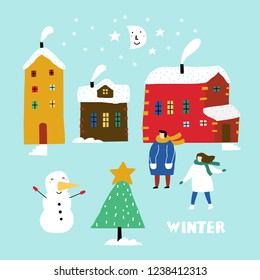 Winter set whit old city, people, Christmas tree and happy snowman . Trendy retro style. Winter set.