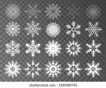 Winter set of white snowflakes isolated on transparent background. Snowflake icons. Snowflakes collection for design Christmas and New Year banner and cards. Vector illustration. 