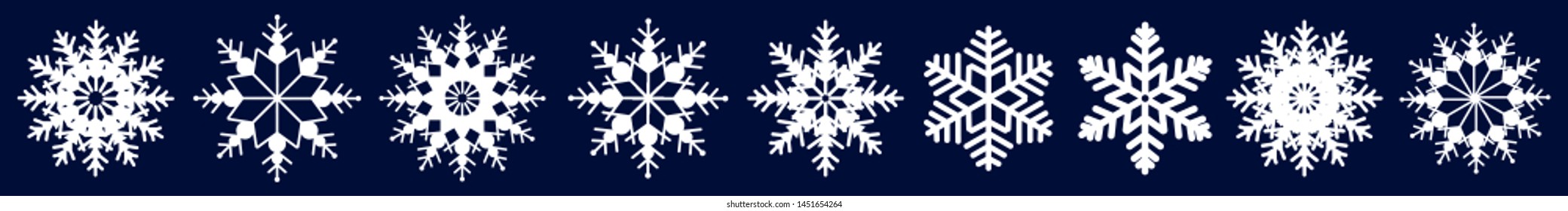 Winter set of white snowflakes isolated on dark background. Snowflake icons. Snowflakes collection for design Christmas and New Year banner and cards. Vector illustration. 