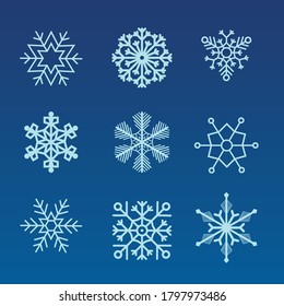Winter set of white snowflakes isolated on dark background. Winter blue christmas snow flake crystal element.