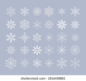 Winter set of white snowflakes isolated on background. Winter snow flakes crystal element. Nice element for Christmas banner, postcards. Christmas decoration. Vector illustration.