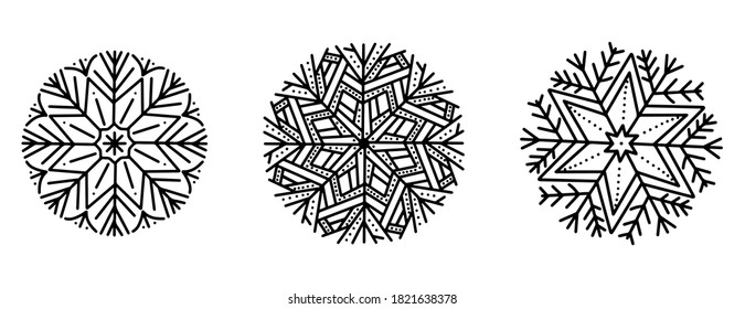 Conjunto invernal de copos de nieve blancos aislados en un fondo claro. Iconos de copos de nieve en colección de copos de nieve para carteles de diseño y tarjetas. Navidad y Año Nuevo en ilustración de ornamentos vectoriales y muchos