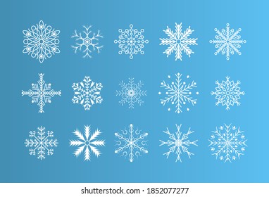 Winter set of white snowflakes isolated on background. Christmas decoration. Winter snow flakes crystal element. Nice element for Christmas banner, postcards. Vector illustration.