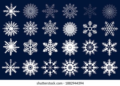 Winterset mit weißen Schneeflocken einzeln auf dunklem Hintergrund. Symbole für Schneeflocken. Snowflakes Kollektion für Design Weihnachten und Neujahr Banner und Karten. Vektorgrafik.