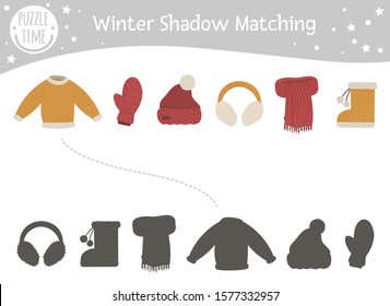 Winter shadow matching activity for children with warm clothes. Cute funny sweater, mitten, hat, earmuffs, scarf, boot. Find the correct silhouette game