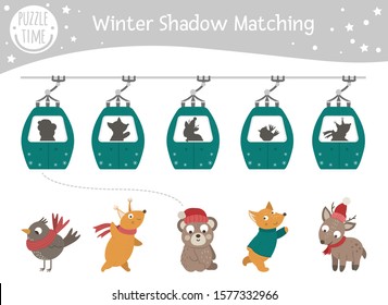 Winter shadow matching activity for children with animals in funicular cable cars. Cute funny smiling fox, squirrel, bird, bear, deer. Find the correct silhouette game
