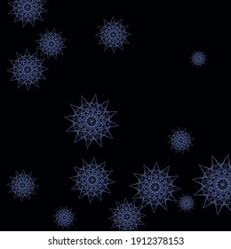 Invierno Agudo Navidad Negro Mandala Fondo del cielo. Copos de nieve, Composición Gótica de Invierno Popular Frío. Colorido Año Nuevo Imprime Misterioso Ornamento Invierno. Antecedentes de las Estrellas Azules Oscuras.