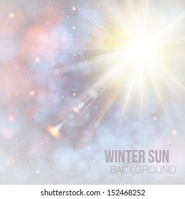 Winter shining sun with lens flare. Soft background with bokeh effect. Vector illustration.