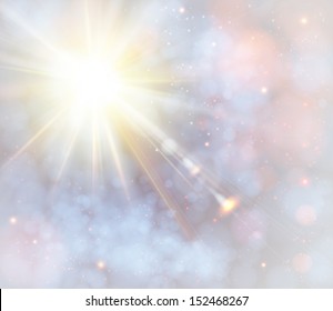 Winter shining sun with lens flare. Soft background with bokeh effect. Vector illustration.