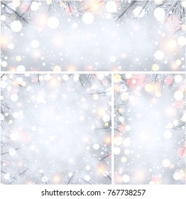 Winterglänzende Hintergründe mit weißen Tannenzweigen. Vektorgrafik zu Weihnachten.