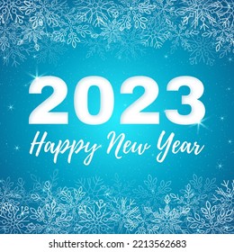 Winterglänzendes Dekorationsbanner. Der Text ist ein gutes neues Jahr. Cutout 2023. Weiße, transparente Schneeflocken-Grenze. Papier Art. Türkisfarbener Hintergrund mit Falten. Vektorgrafik.
