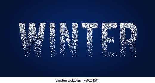 Winter shiny white typographic text. Holiday Season theme design template. Greeting card with sparkles, confetti, shine stars, twinkles on dark blue background. Xmas 2018 Vector graphic illustration