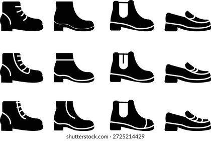 Winter shoe icon set, representing cold weather footwear for snow and outdoor use. Ideal for fashion, seasonal design, a solid silhouette, ecommerce, apps, web, infographics, and retail projects.