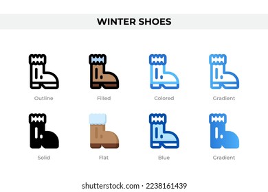 Winter shoes icons in different style. Winter shoes icons set. Holiday symbol. Different style icons set. Vector illustration
