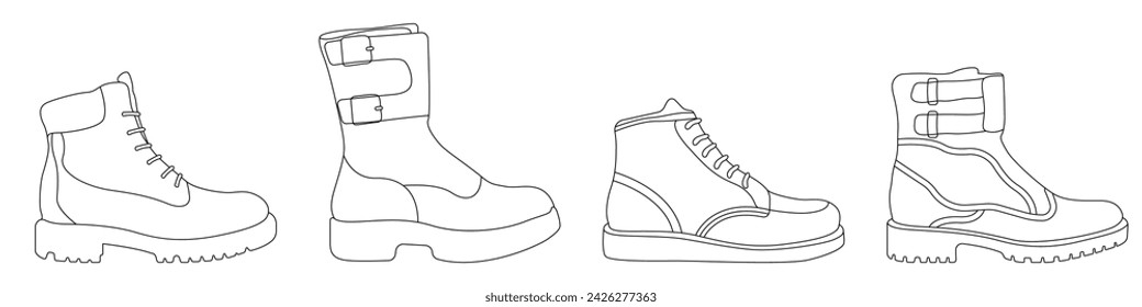 Winter shoes vector set. Icon of shoes for mountains. Men and women footwear protection against cold, snow, wind. Stylish linear icons of shoes vector.