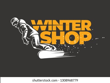 emblema de la tienda de invierno para un deporte de invierno activo. El snowboarder se desliza por la pendiente