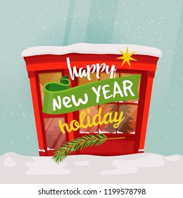 Winter shop greetings with 2018 new year and merry christmas or x-mas. Wintertime store for xmas eve with fir tree branch and ribbon, star and snow. Celebrating and holiday, gift and present theme