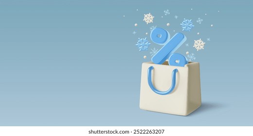 Winter shopping bag with big 3d percentage sign and snowflakes. Blue season sale background with realistic gift bag and copy space. Vector illustration.